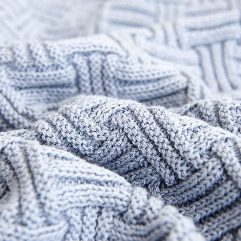 Longhui bedding Large Grey Blue Cotton Knit Throw Blanket for Couch Sofa Bed - Home Decorative Soft Cozy Sweater Woven Fall Cable Knitted Blankets - Blue Gray 3.4 pounds 60 x 80 Inch - Image 5